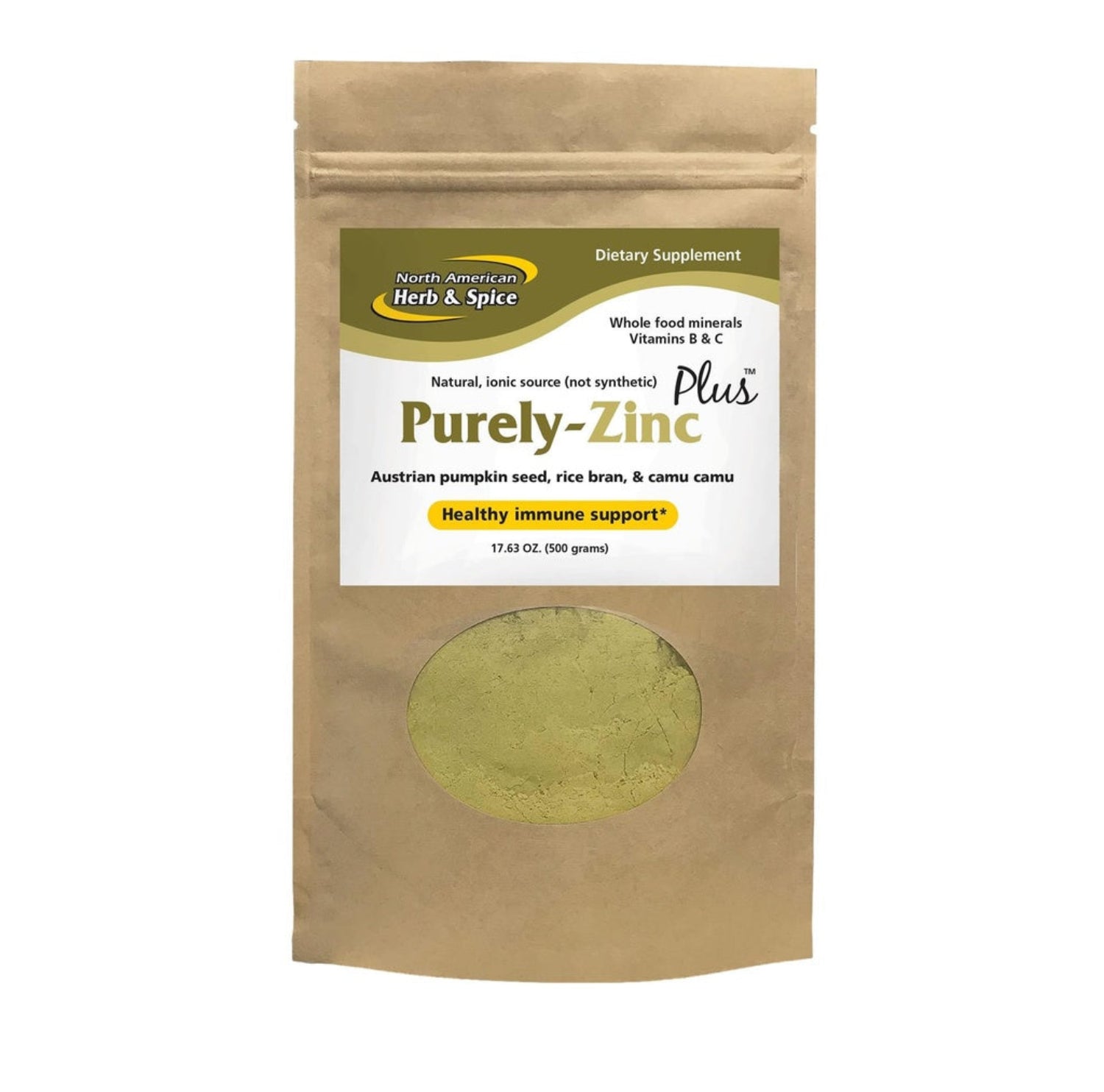 package of Purely Zinc dietary supplement with visible green powder inside.