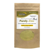 package of Purely Zinc dietary supplement with visible green powder inside.