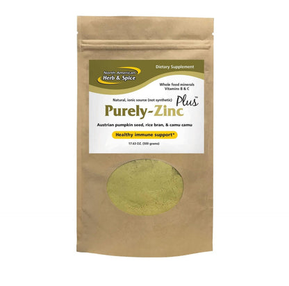 package of Purely Zinc dietary supplement with visible green powder inside.