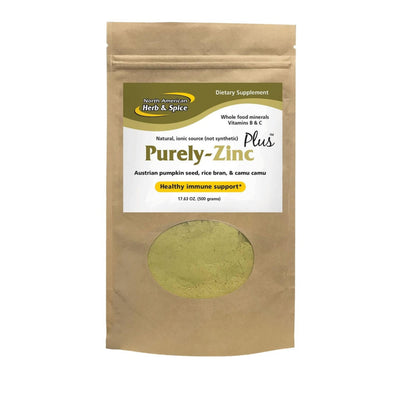 package of Purely Zinc dietary supplement with visible green powder inside.