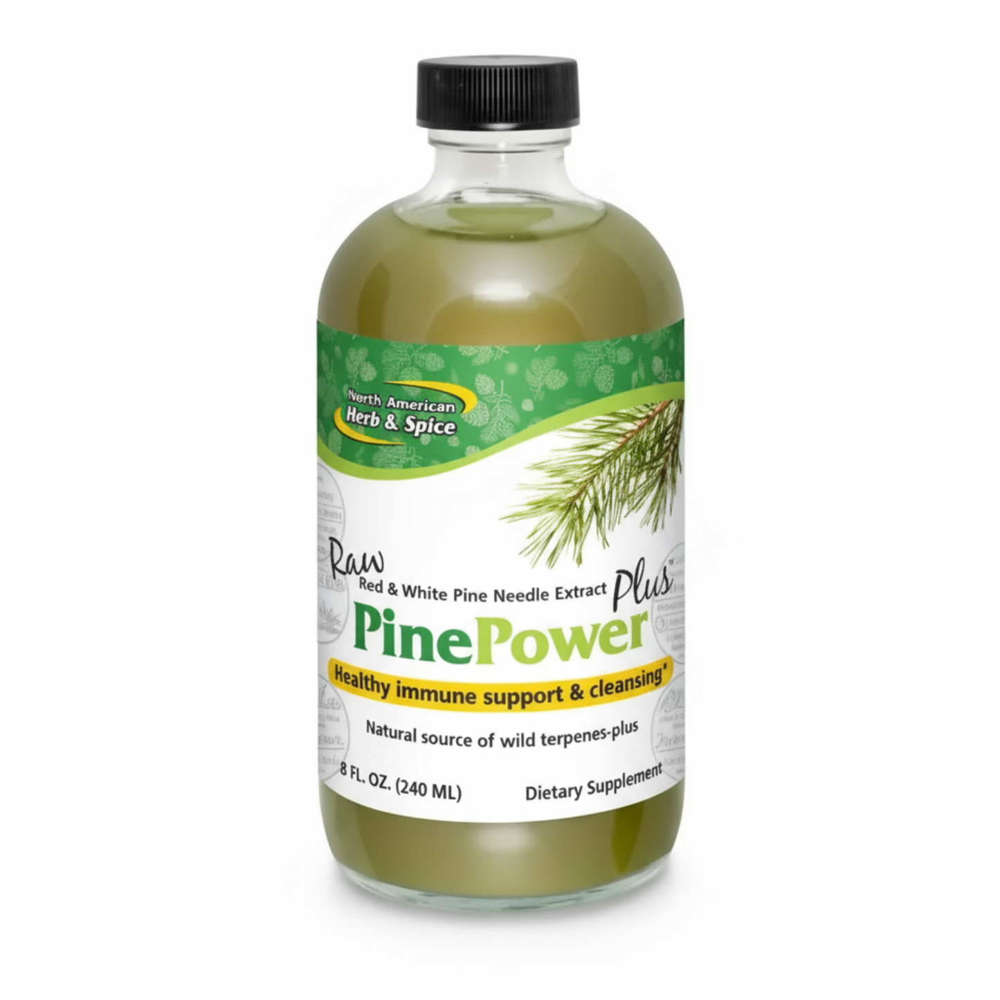 Bottle of Pine Power dietary supplement with a green label on a white background