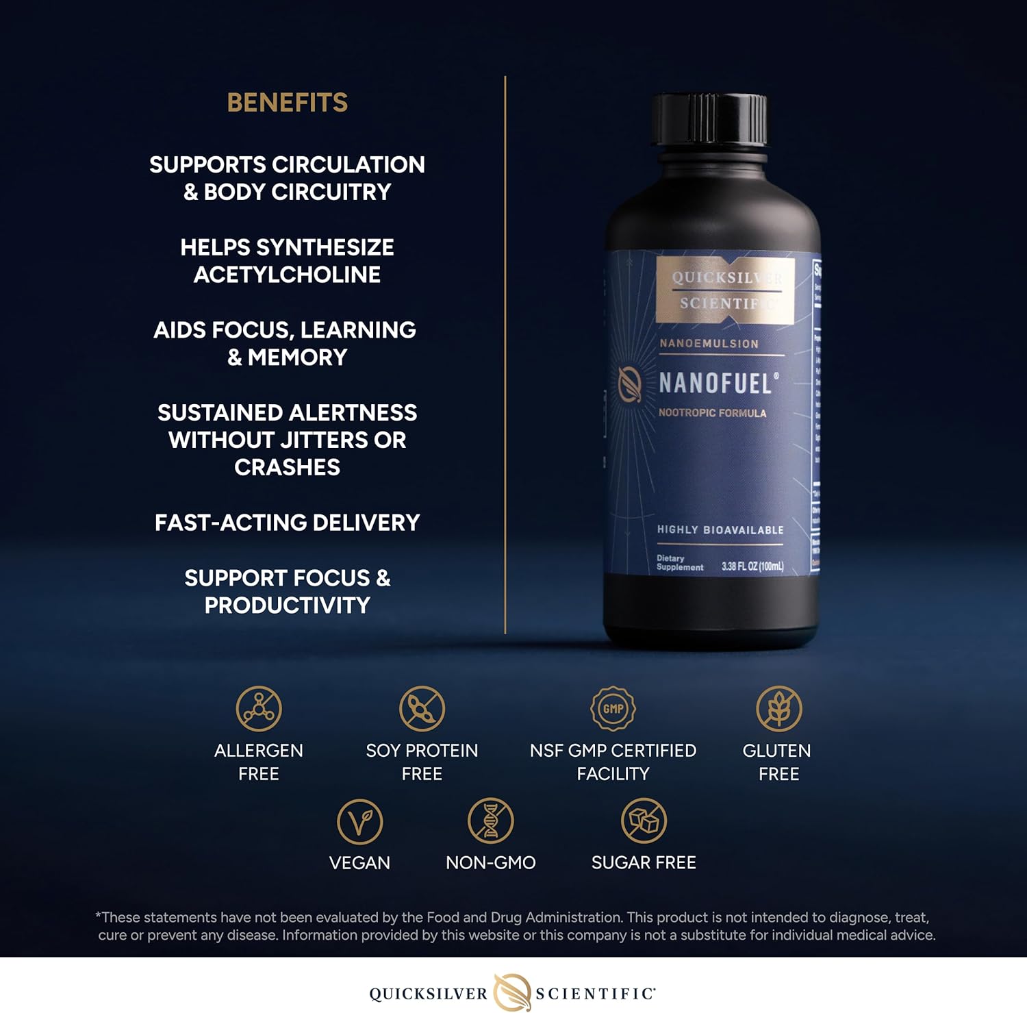 Quicksilver Scientific Nanofuel supplement bottle with benefits listed on a dark background