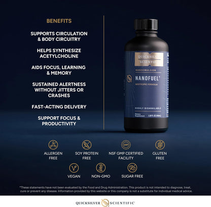 Quicksilver Scientific Nanofuel supplement bottle with benefits listed on a dark background