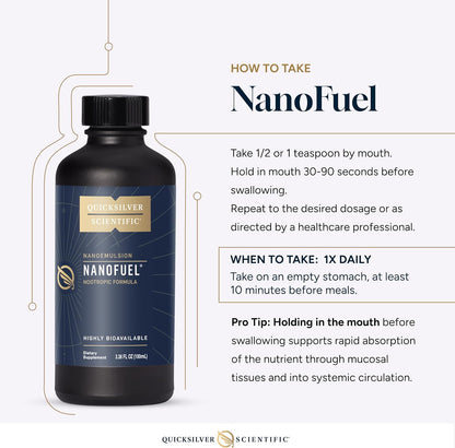 Quicksilver Scientific NanoFuel bottle with usage instructions on a white background