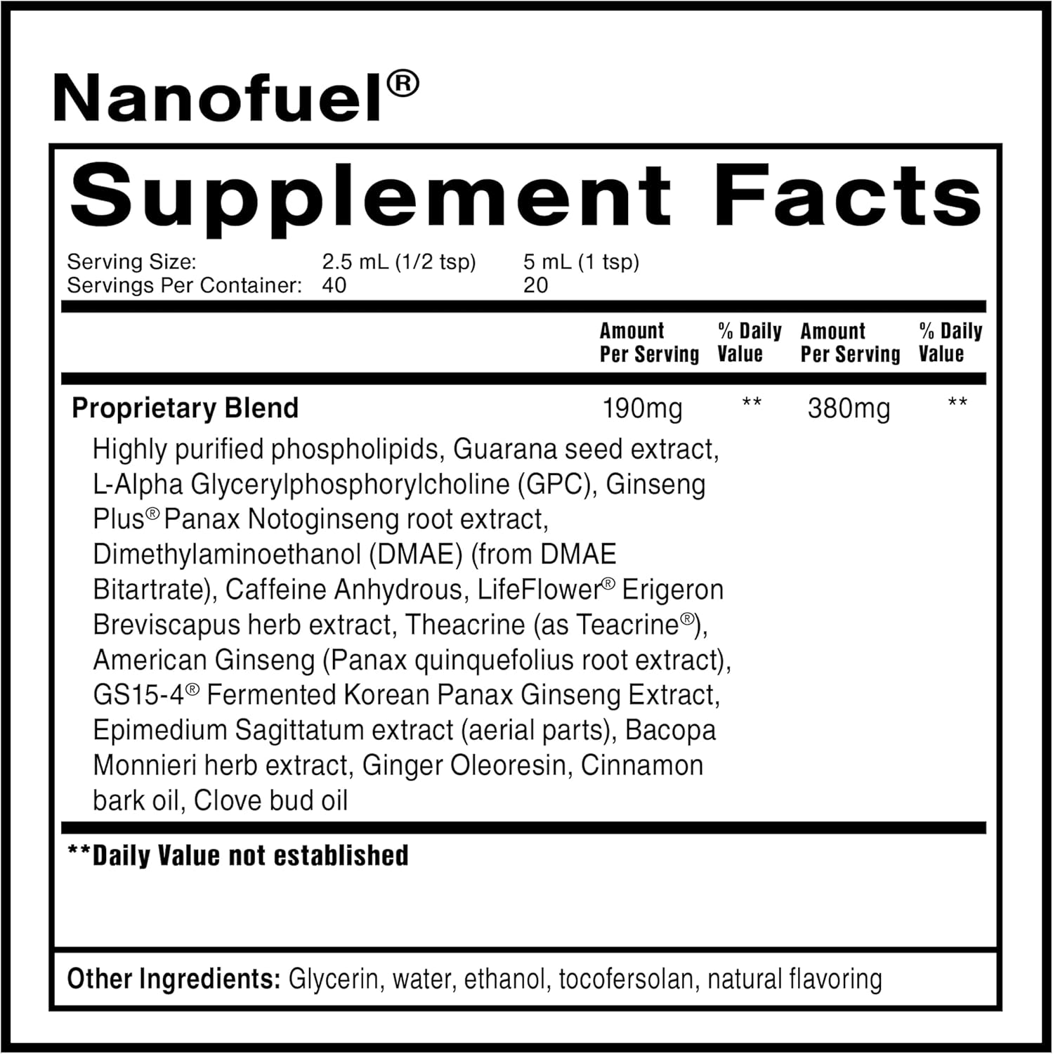 Supplement facts label for Nanofuel with a list of ingredients.