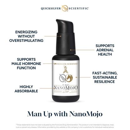 Liposomal Adaptogen Blend for Men by Quicksilver Scientific in a pump bottle promoting energy and hormonal balance.