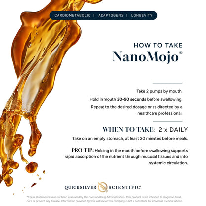 NanoMojo instructions showing how to take the Liposomal Adaptogen Blend for Men.