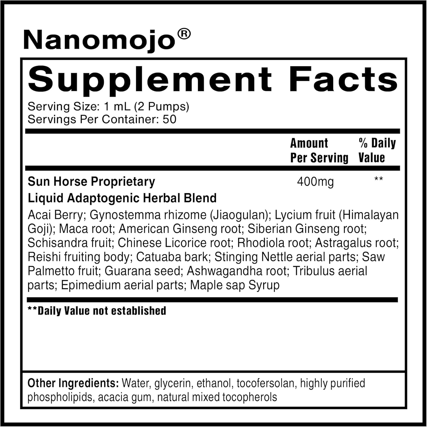 Nanomojo supplement facts label with ingredients listed