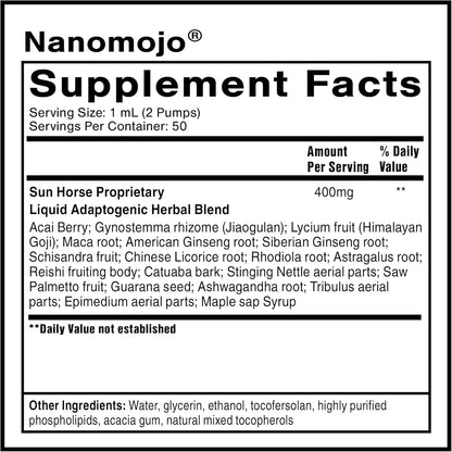 Nanomojo supplement facts label with ingredients listed