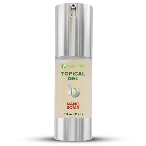 Nano Soma Gel - Nutritional Nutraceutical topical gel in a sleek silver pump bottle, containing 1 oz (30 mL).