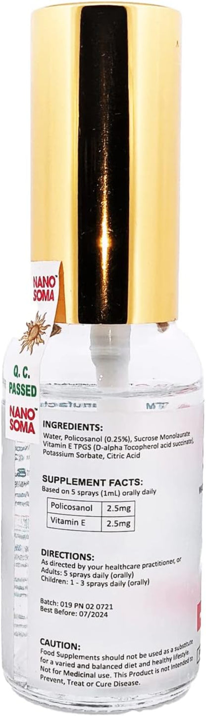 Nano Soma liquid in a clear bottle with a gold cap, displaying ingredient details and dosage instructions.