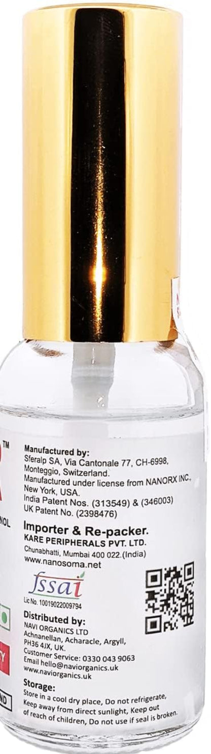 Nano Soma liquid bottle with a white label, gold cap, and detailed manufacturer information on the back.