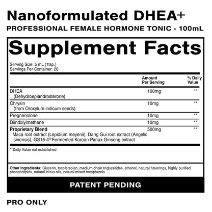 Supplement facts label for DHEA+ Natural Hormone Balance for Women with ingredients and serving size information.