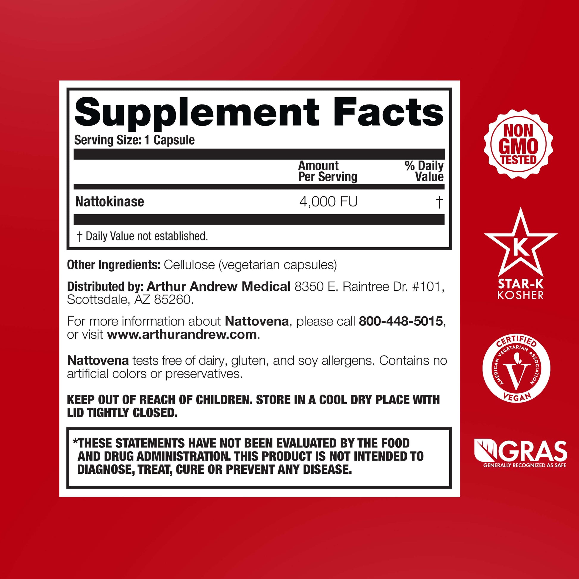 Nattovena supplement facts label showcasing best nattokinase for circulation with dosage information and certifications.