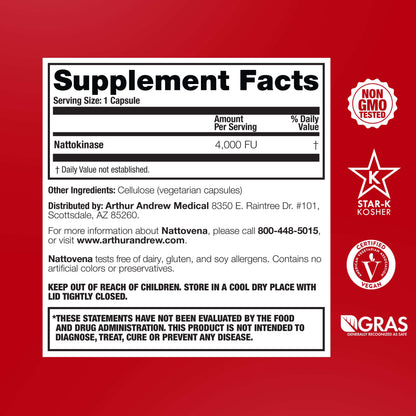 Nattovena supplement facts label showcasing best nattokinase for circulation with dosage information and certifications.