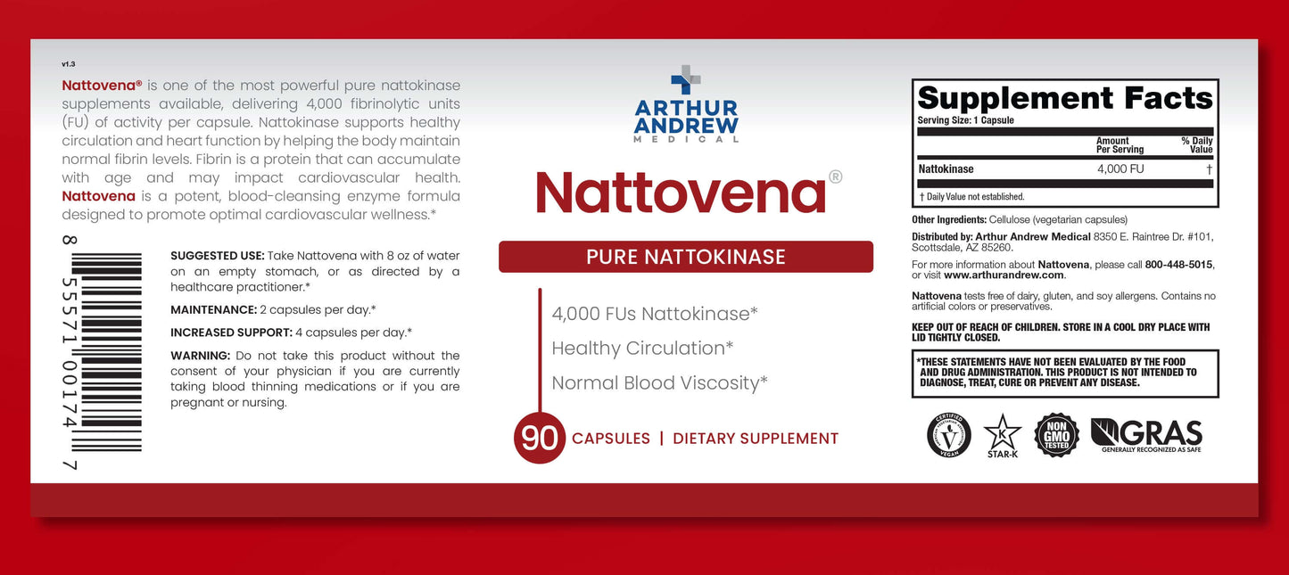 Nattovena supplement label highlighting Best Nattokinase for Circulation and benefits for healthy blood viscosity.