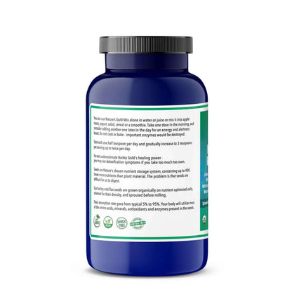 A blue bottle of Nature's Gold Mix featuring Sprouted Barley and Flax Seeds with detailed product information on the label.