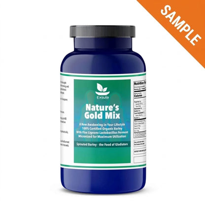 Nature's Gold Mix by Exsula featuring Sprouted Barley and Flax Seeds for nutritional support and wellness.