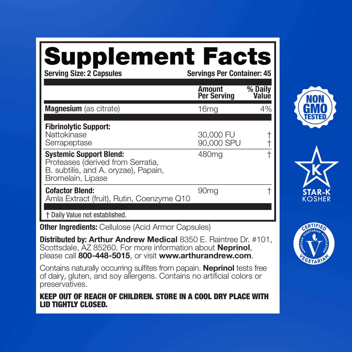 Supplement facts for Neprinol featuring Systemic Fibrinolytic Enzyme Therapy ingredients and dosage information.