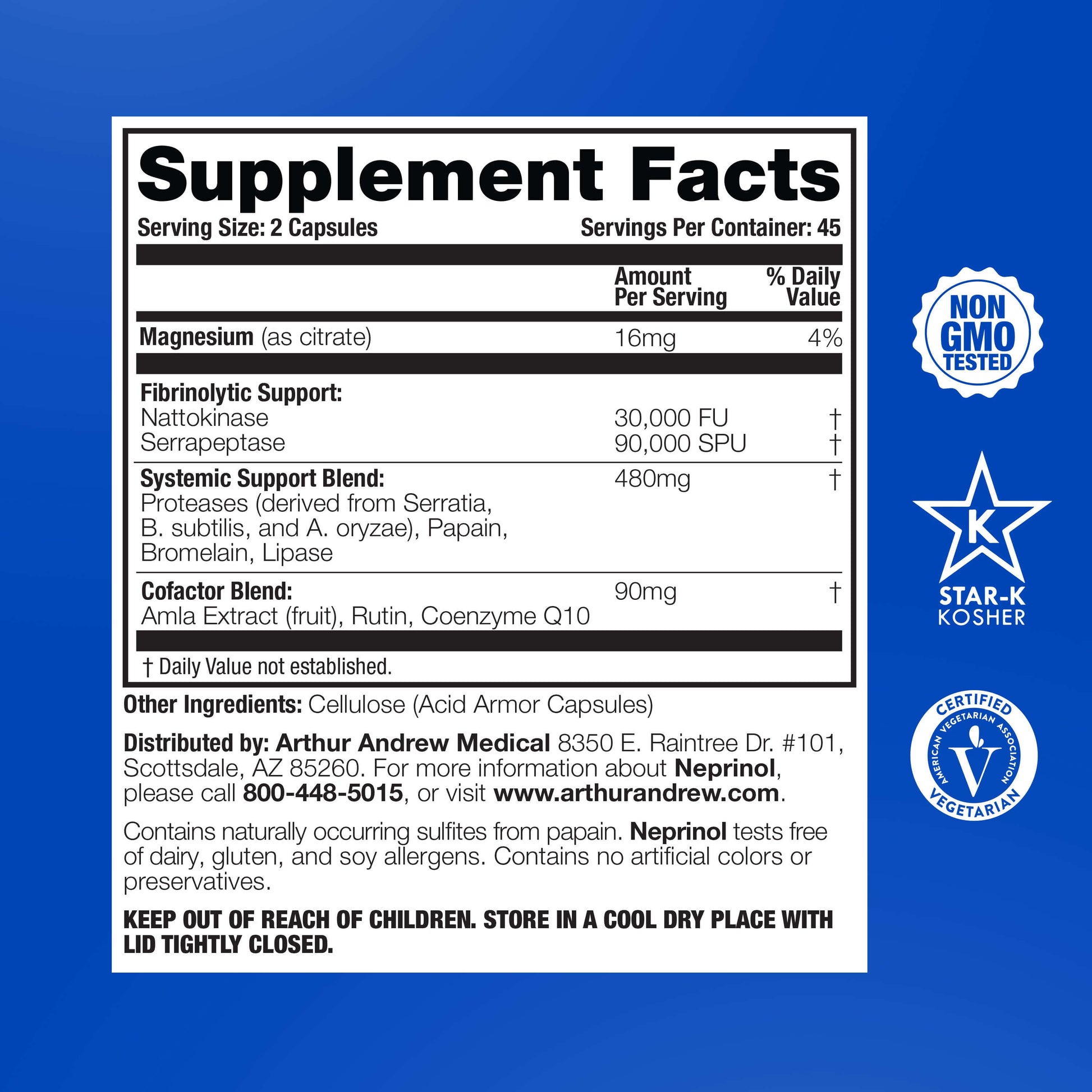 Supplement facts for Neprinol featuring Systemic Fibrinolytic Enzyme Therapy ingredients and dosage information.