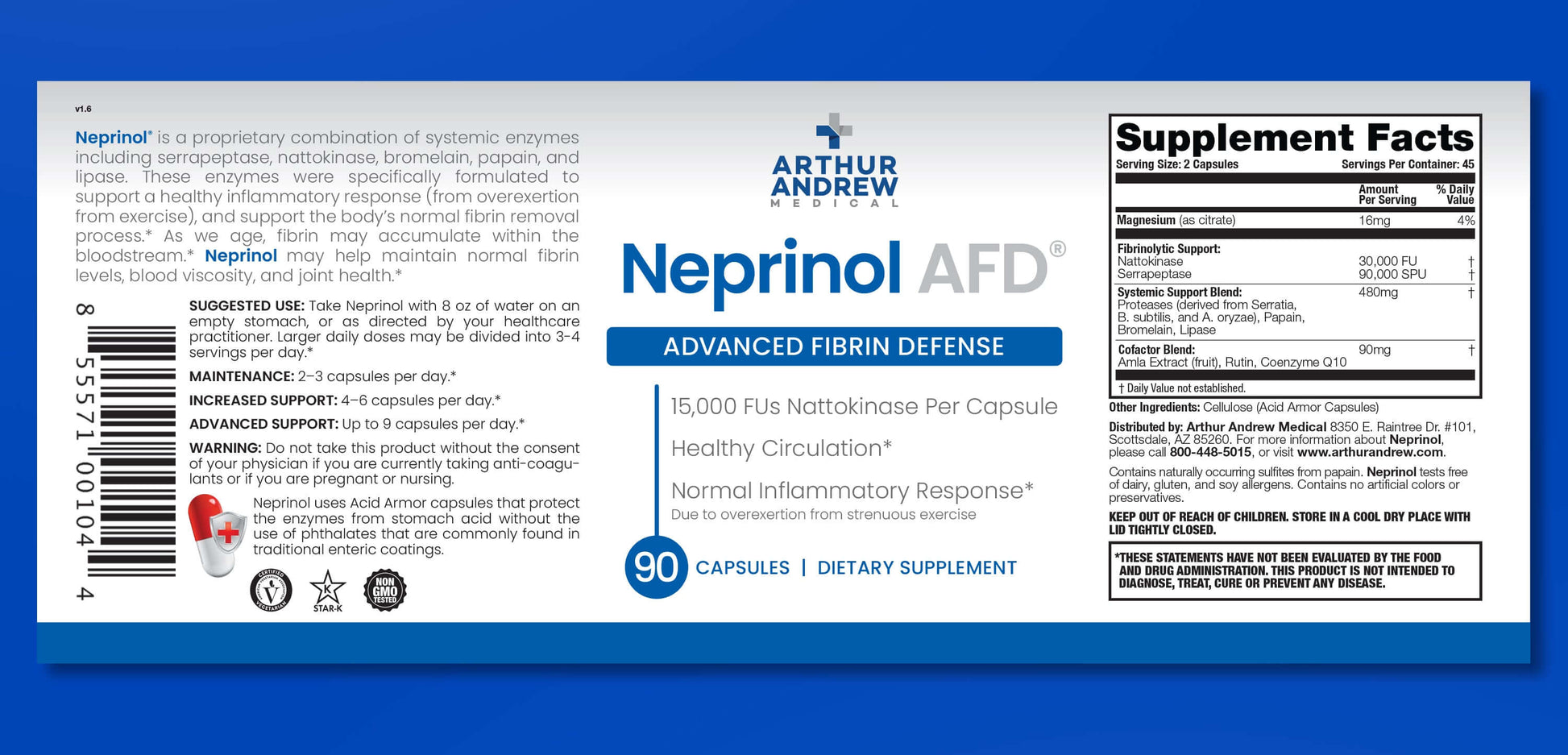 Neprinol AFD advanced fibrin defense supplement label featuring systemic fibrinolytic enzyme therapy.