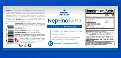 Neprinol AFD advanced fibrin defense supplement label featuring systemic fibrinolytic enzyme therapy.