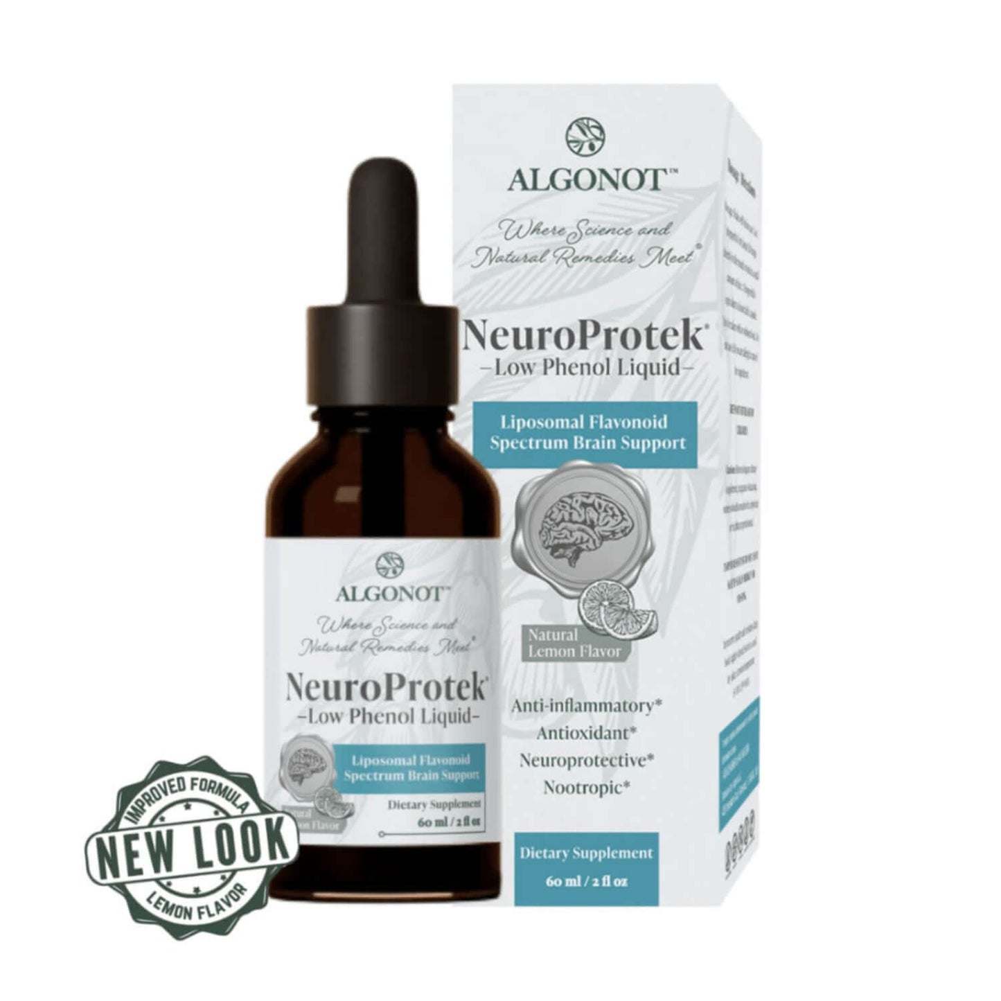NeuroProtek-LP Luteolin Quercetin Rutin Supplement by Algonot in lemon flavor, dietary supplement packaging with dropper.