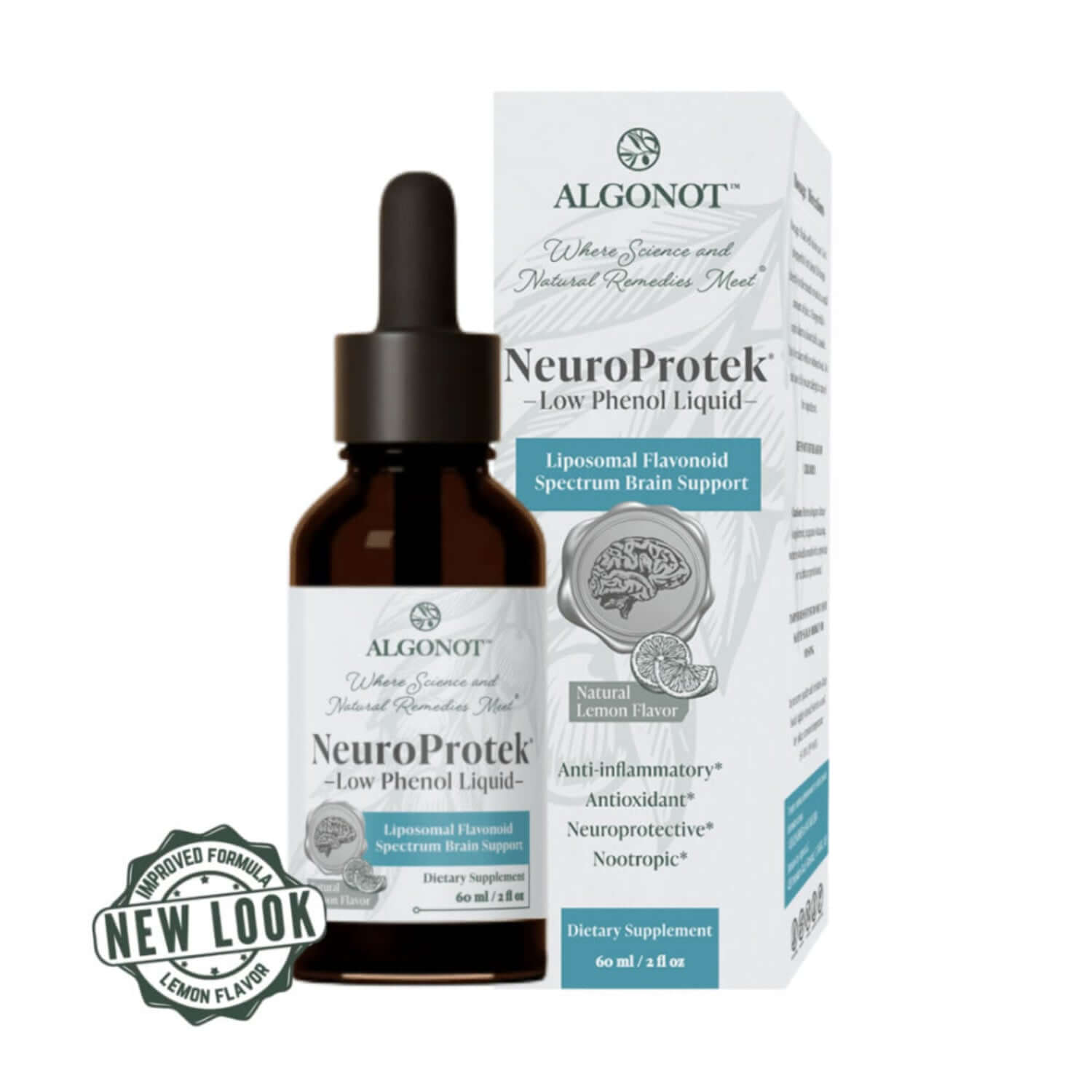 NeuroProtek-LP Luteolin Quercetin Rutin Supplement by Algonot in lemon flavor, dietary supplement packaging with dropper.