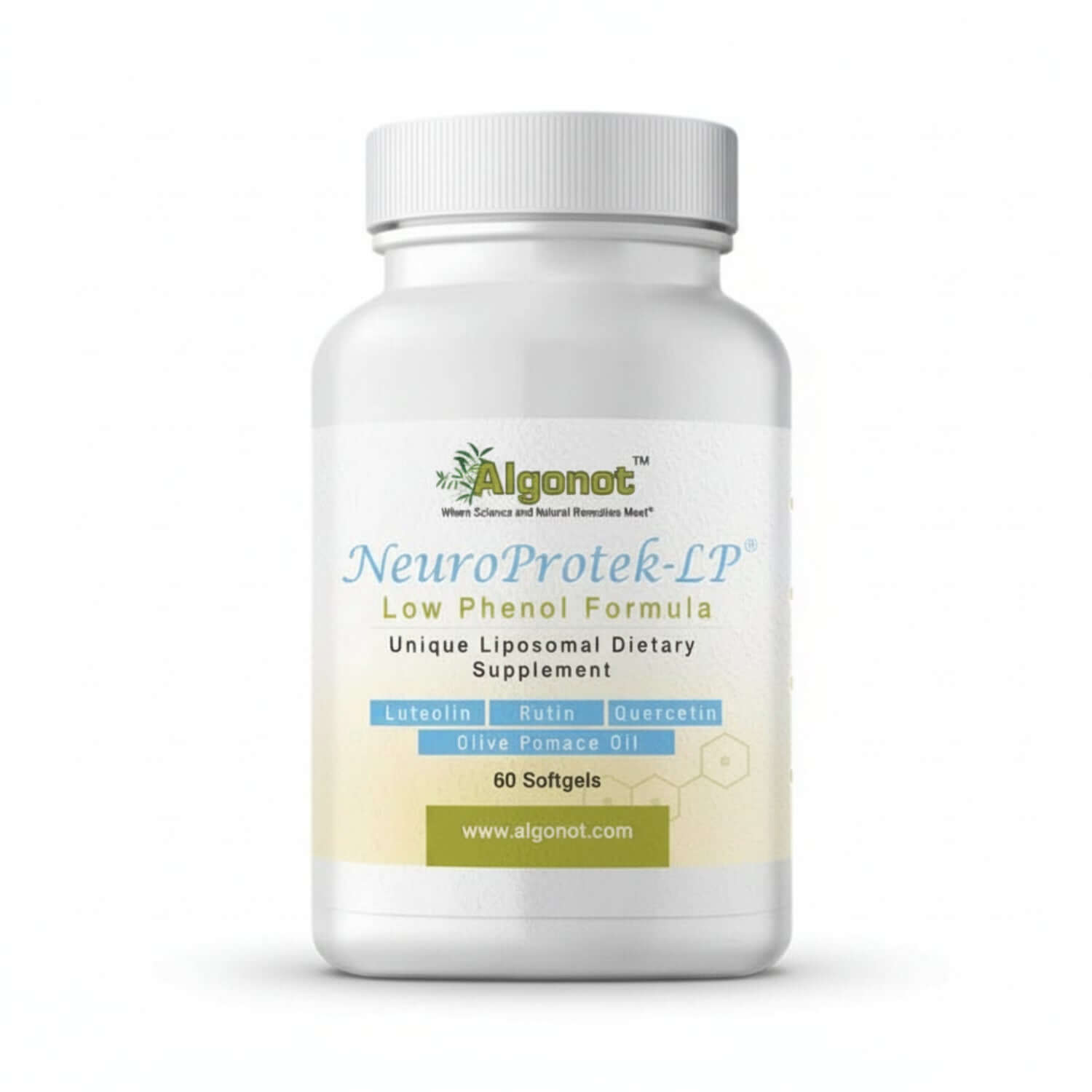 NeuroProtek-LP Luteolin Quercetin Rutin Supplement in a softgel bottle by Algonot, 60 softgels