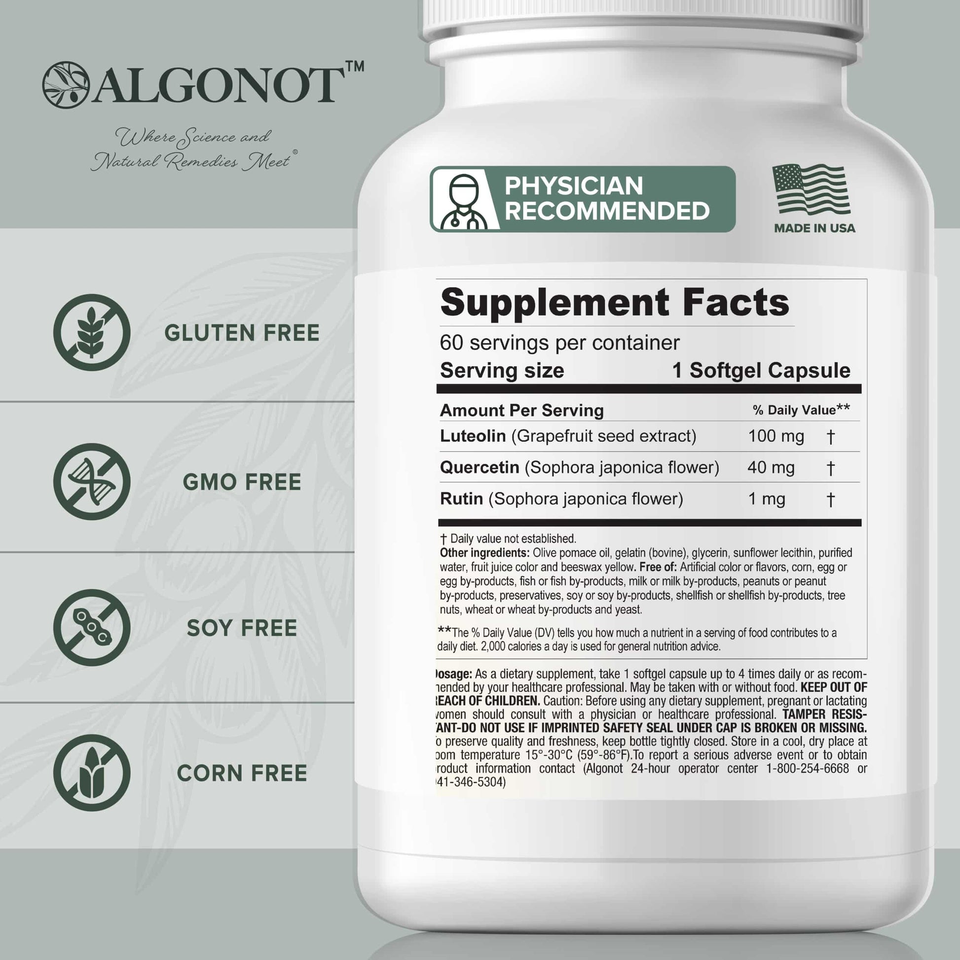 Supplement facts for Luteolin Quercetin Rutin Supplement by Algonot, highlighting ingredients and health benefits.
