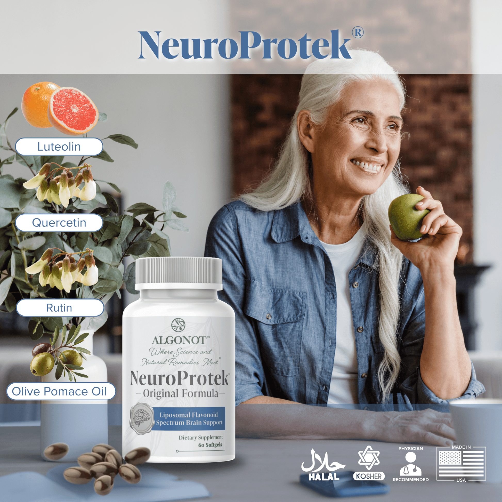 NeuroProtek - Luteolin Quercetin Rutin Supplement, featuring luteolin, quercetin, rutin, and olive pomace oil in an attractive setting.