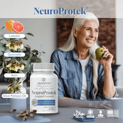 NeuroProtek - Luteolin Quercetin Rutin Supplement, featuring luteolin, quercetin, rutin, and olive pomace oil in an attractive setting.