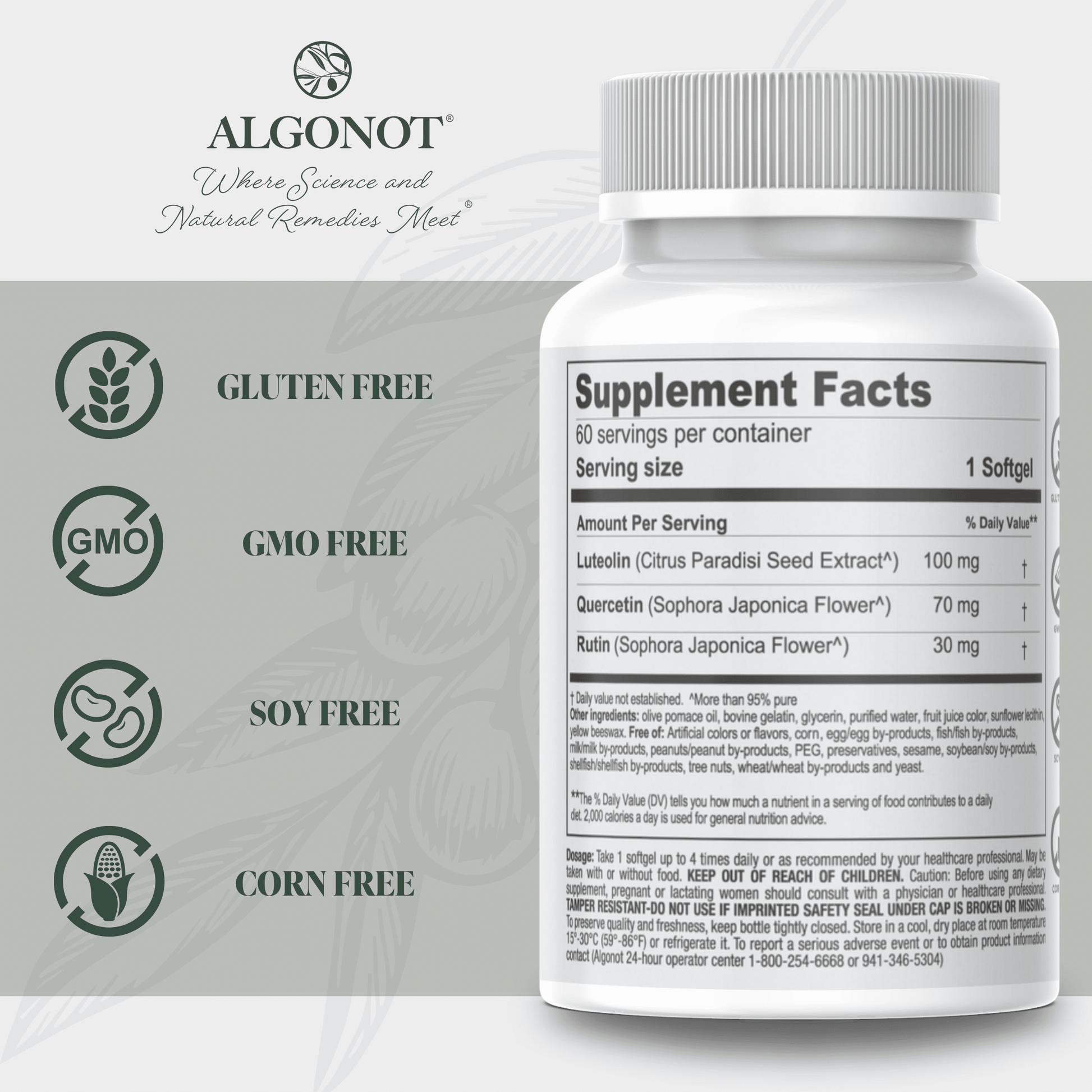 Supplement bottle with label displaying 'Algonot' brand and dietary freedom claims on a light gray background.