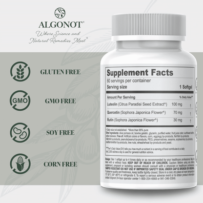 Supplement bottle with label displaying 'Algonot' brand and dietary freedom claims on a light gray background.