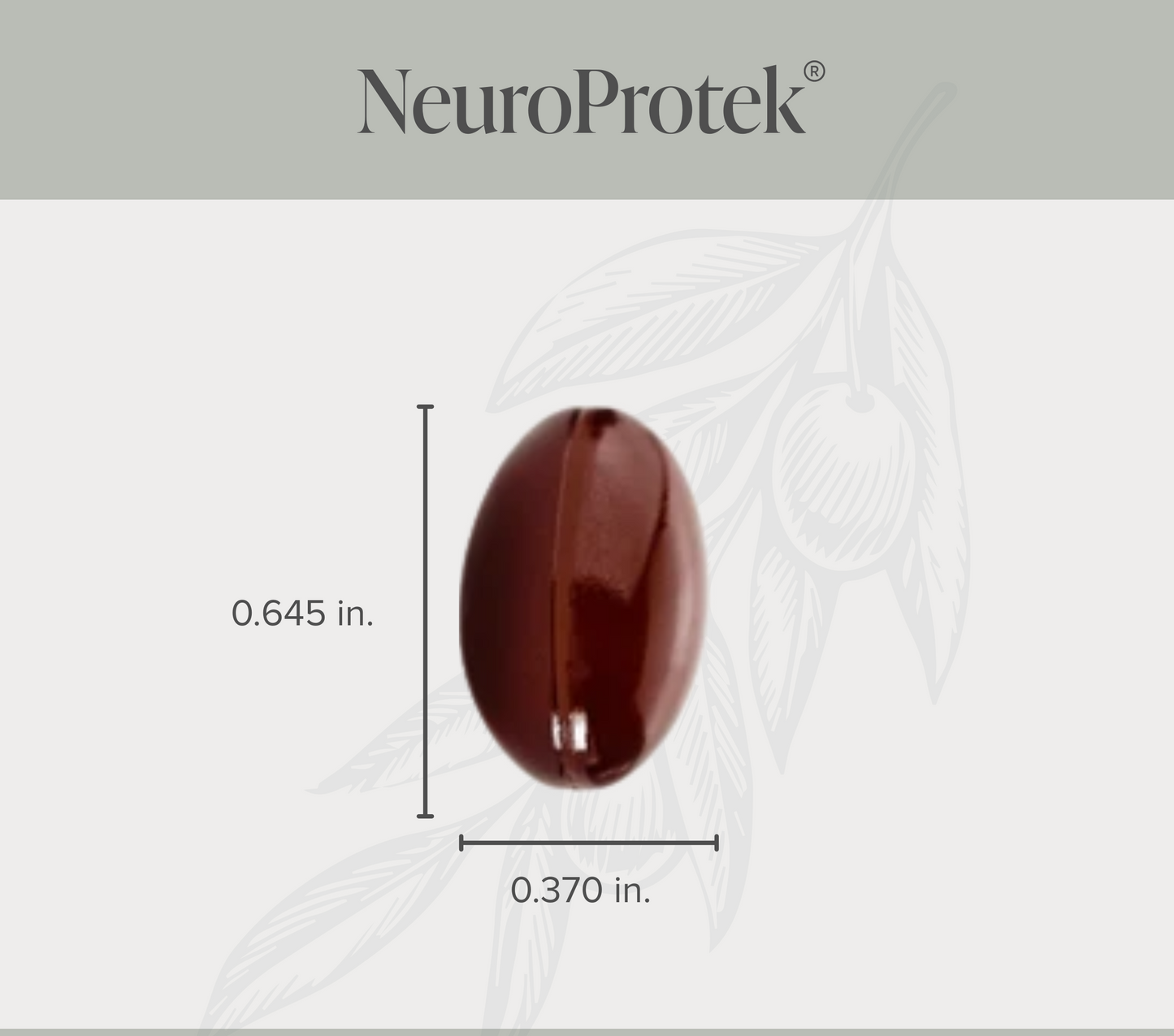 NeuroProtek capsule with dimensions and certification logos on a light gray background