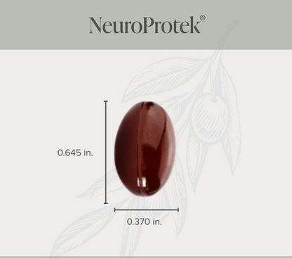 NeuroProtek capsule with dimensions and certification logos on a light gray background