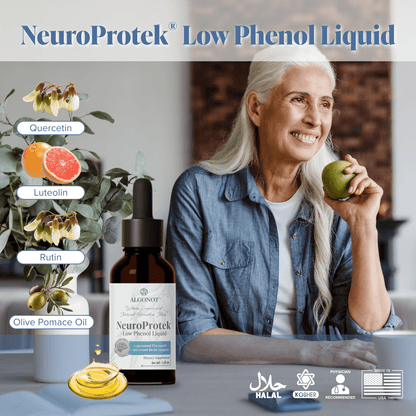 A woman with long white hair sits at a table holding a green apple, next to a bottle of NeuroProtek Low Phenol Liquid by Alqunot. The image features ingredient callouts for Quercetin, Luteolin, Rutin, and Olive Pomace Oil, along with certification logos for Halal, Kosher, and GMP.