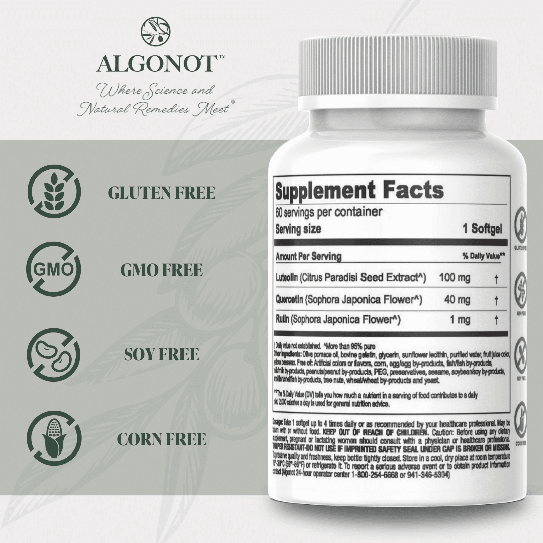 Supplement facts for Luteolin Quercetin Rutin Supplement by Algonot, highlighting ingredients and health benefits.