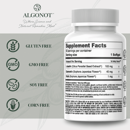 Supplement facts for Luteolin Quercetin Rutin Supplement by Algonot, highlighting ingredients and health benefits.