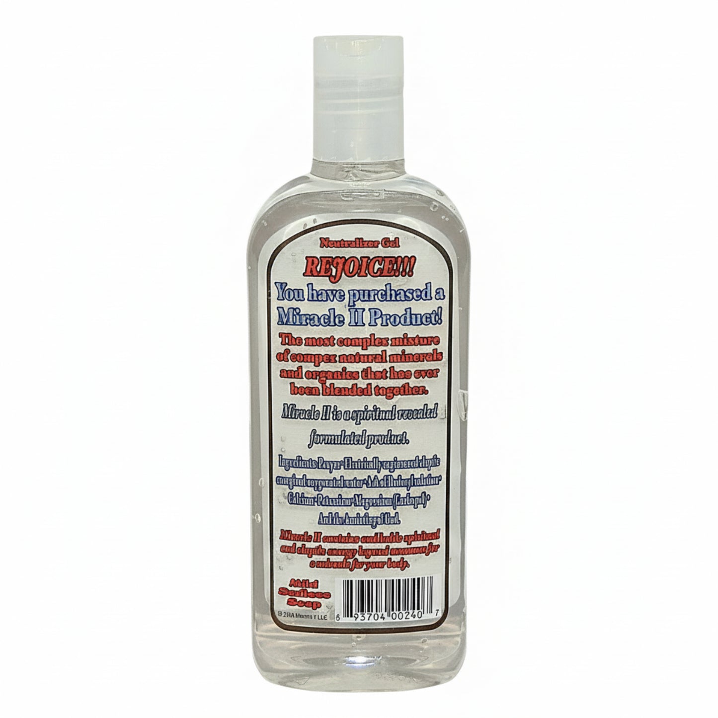 back side of bottle of Neutralizer Gel 'Rejoice!' with a label on a white background