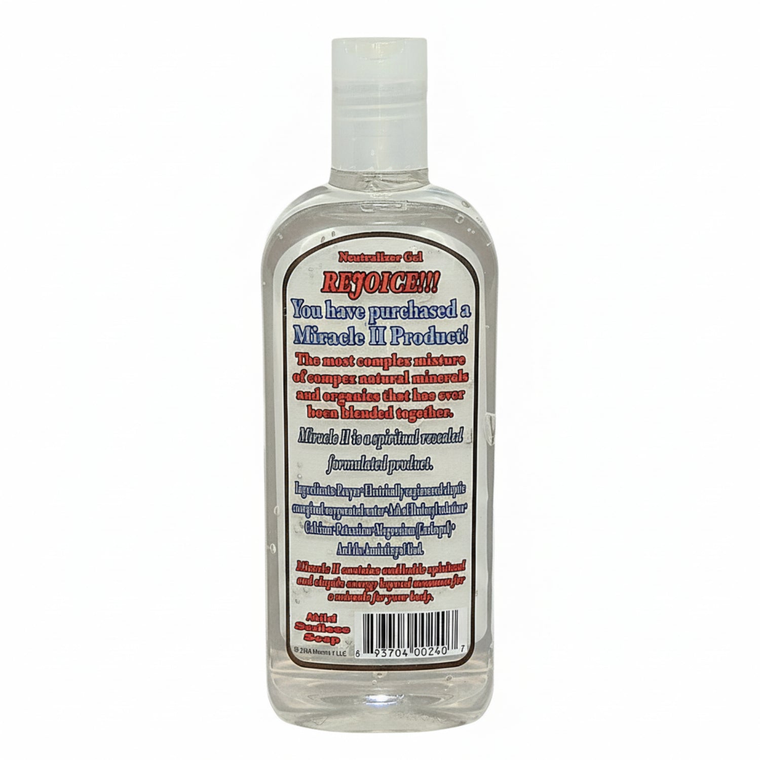back side of bottle of Neutralizer Gel 'Rejoice!' with a label on a white background