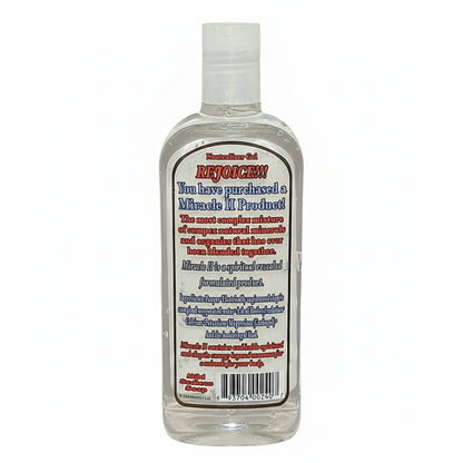 back side of bottle of Neutralizer Gel 'Rejoice!' with a label on a white background
