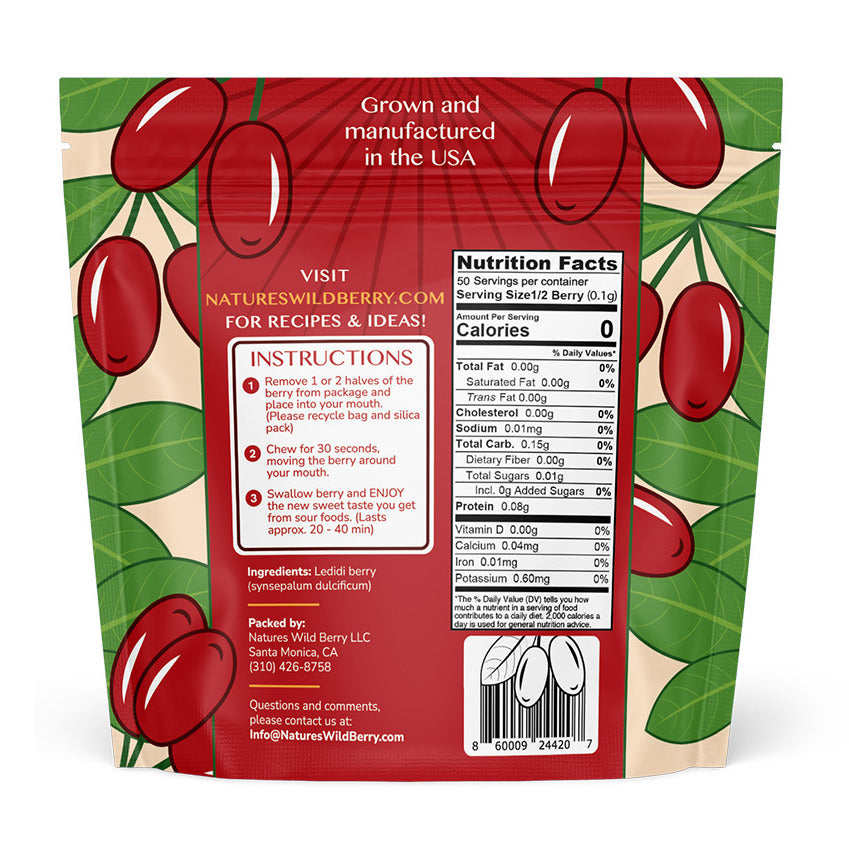 Ledidi Berries for Sugar Free Sweetness packaging with nutrition facts and instructions, grown in the USA.