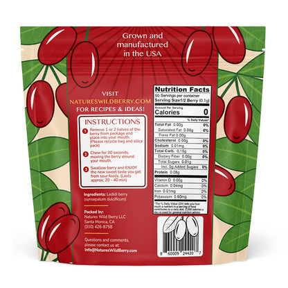 Ledidi Berries for Sugar Free Sweetness packaging with nutrition facts and instructions, grown in the USA.