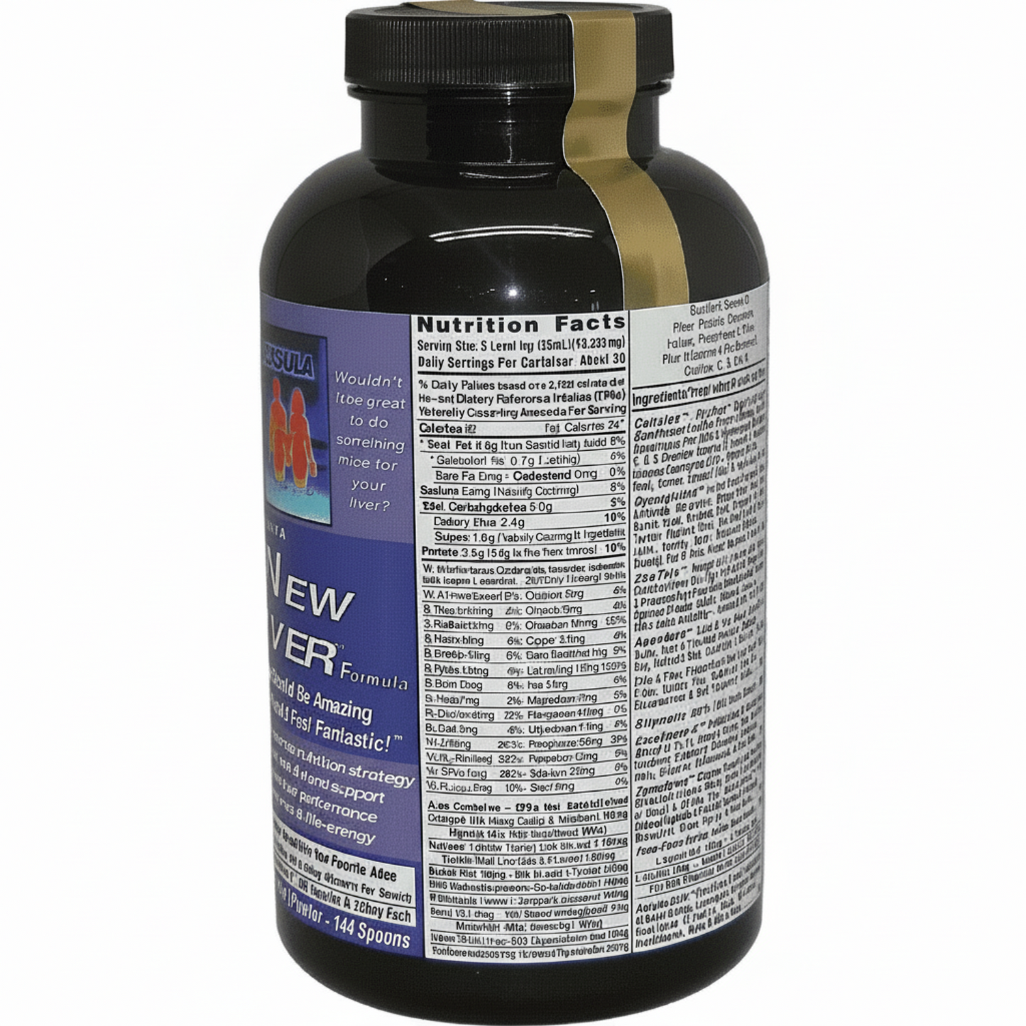 Black supplement bottle with a detailed label on a white background