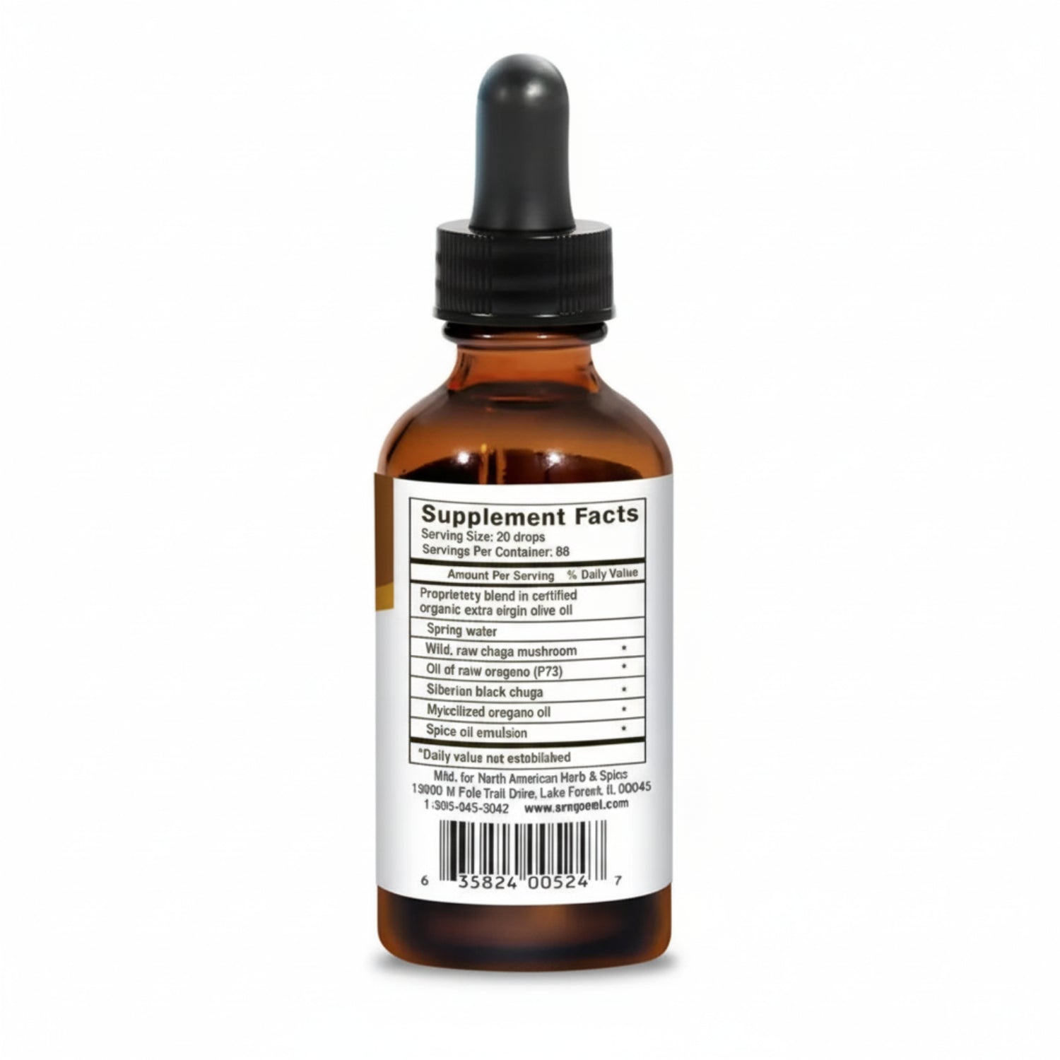 brown glass dropper bottle labeled 'Supplement Facts' on a white background