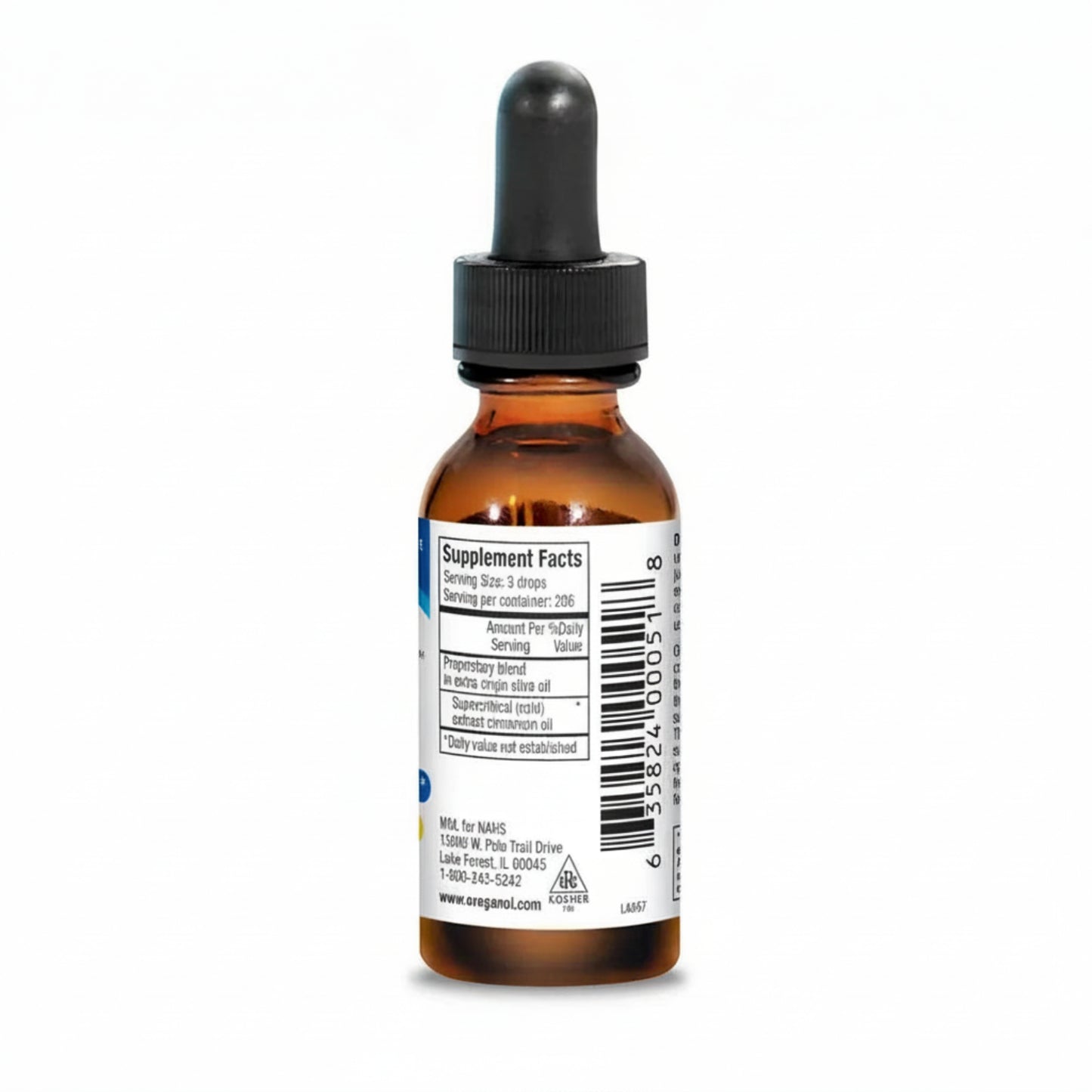 dark brown dropper bottle showing Supplement Facts on a white background
