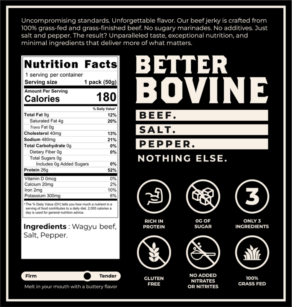 Label for Better Bovine beef jerky with nutrition facts, ingredients, and health benefits on a black background.
