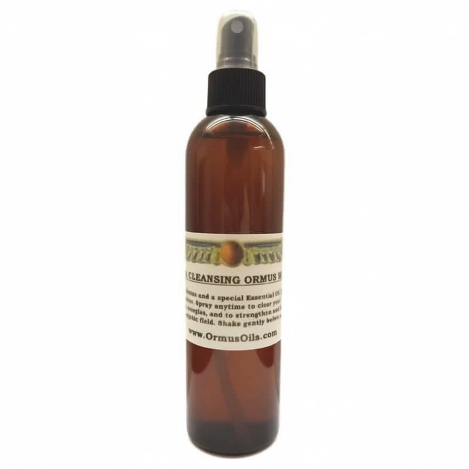 brown spray bottle of Aura Cleansing ORMUS Mist, logo of wings around a circle, special essential oils, spray anytime to strengthen energetic field, www.OrmusOils.com