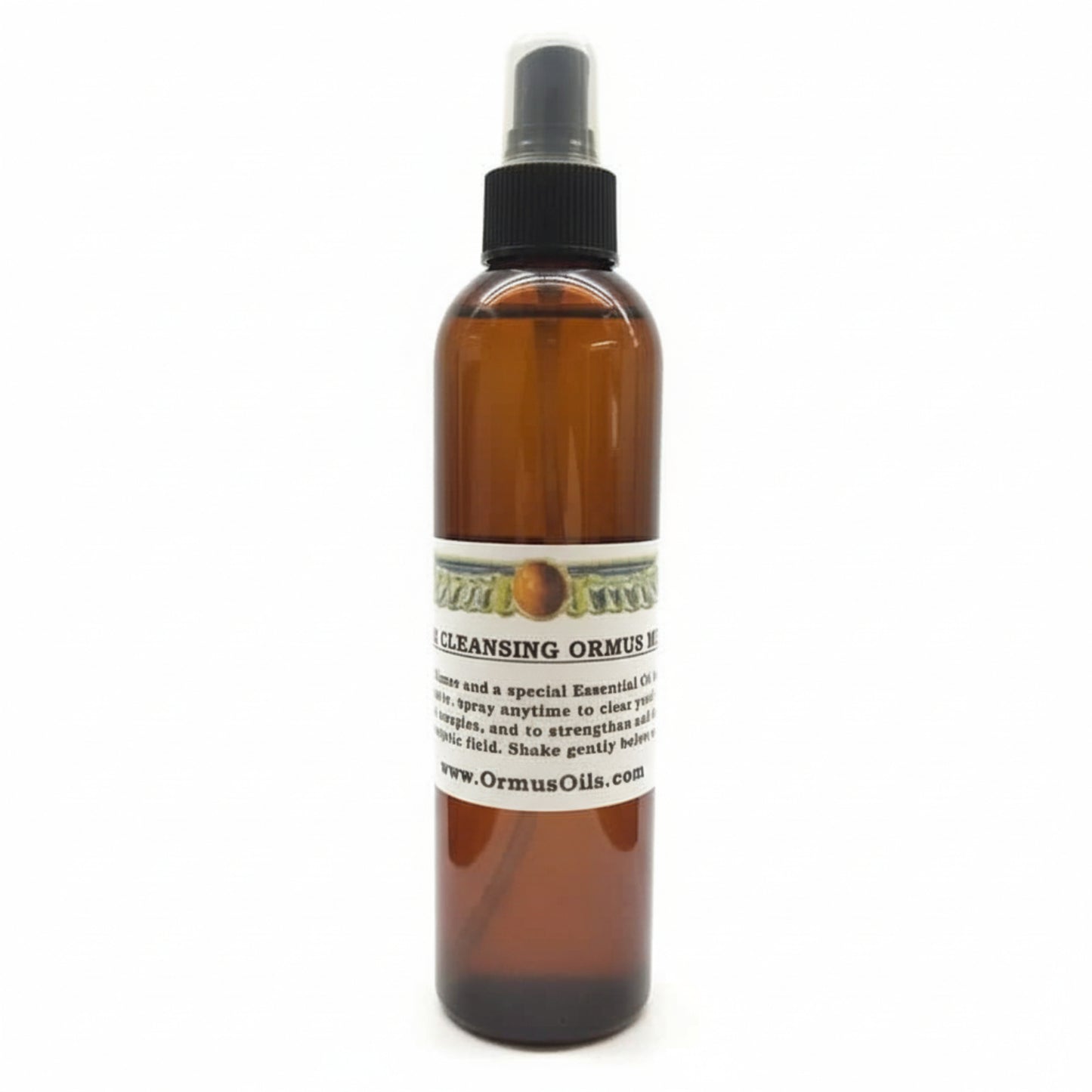 brown spray bottle of Aura Cleansing ORMUS Mist, logo of wings around a circle, special essential oils, spray anytime to strengthen energetic field, www.OrmusOils.com
